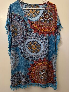 Boho Blue Medallion Swim Coverup with Tassels